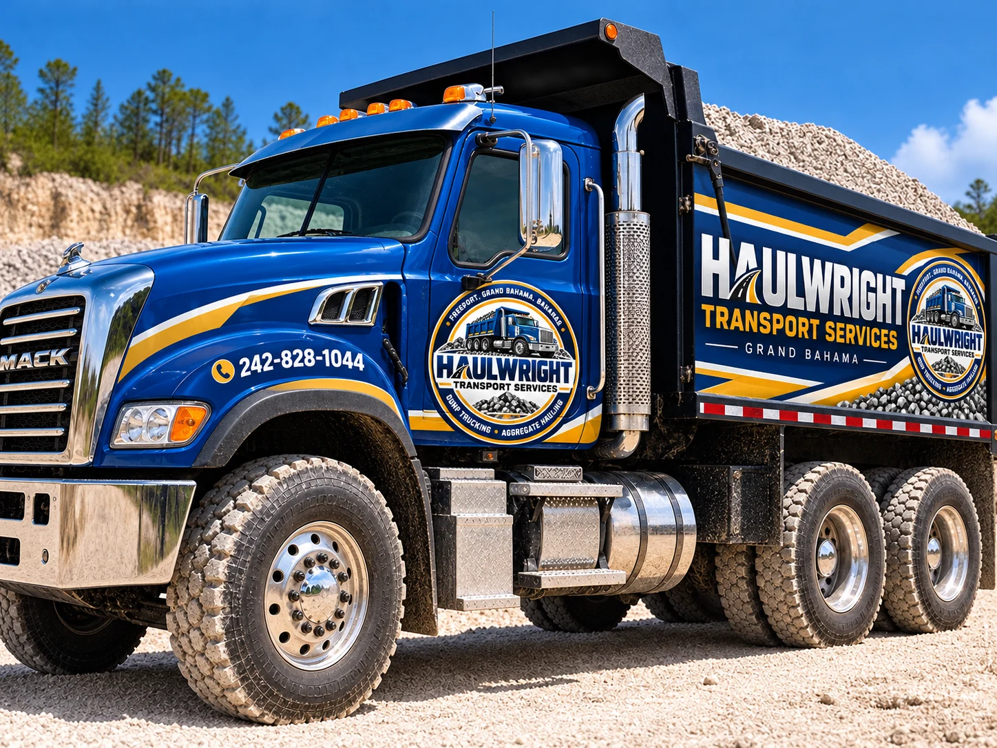Blue and gold Haulwright-branded heavy-duty dump truck with large circular door logo carrying limestone in a quarry setting